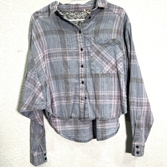 Free People Top Womens Sz 10 Blue Plaid Cutie Button Down Crop Gauze Dolman Boho - Picture 1 of 8